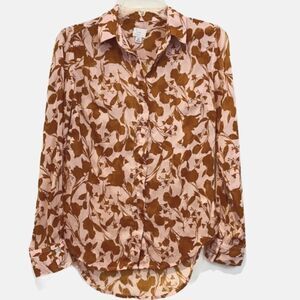 A New Day Sheer Button Up Blouse Blush & Rust Brown Leaf Pattern Size XS